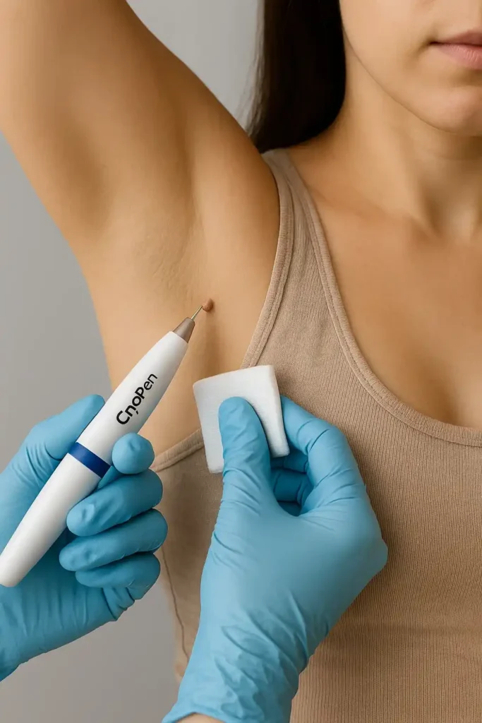 woman having cryopen to remove underarm skin tags Runcorn