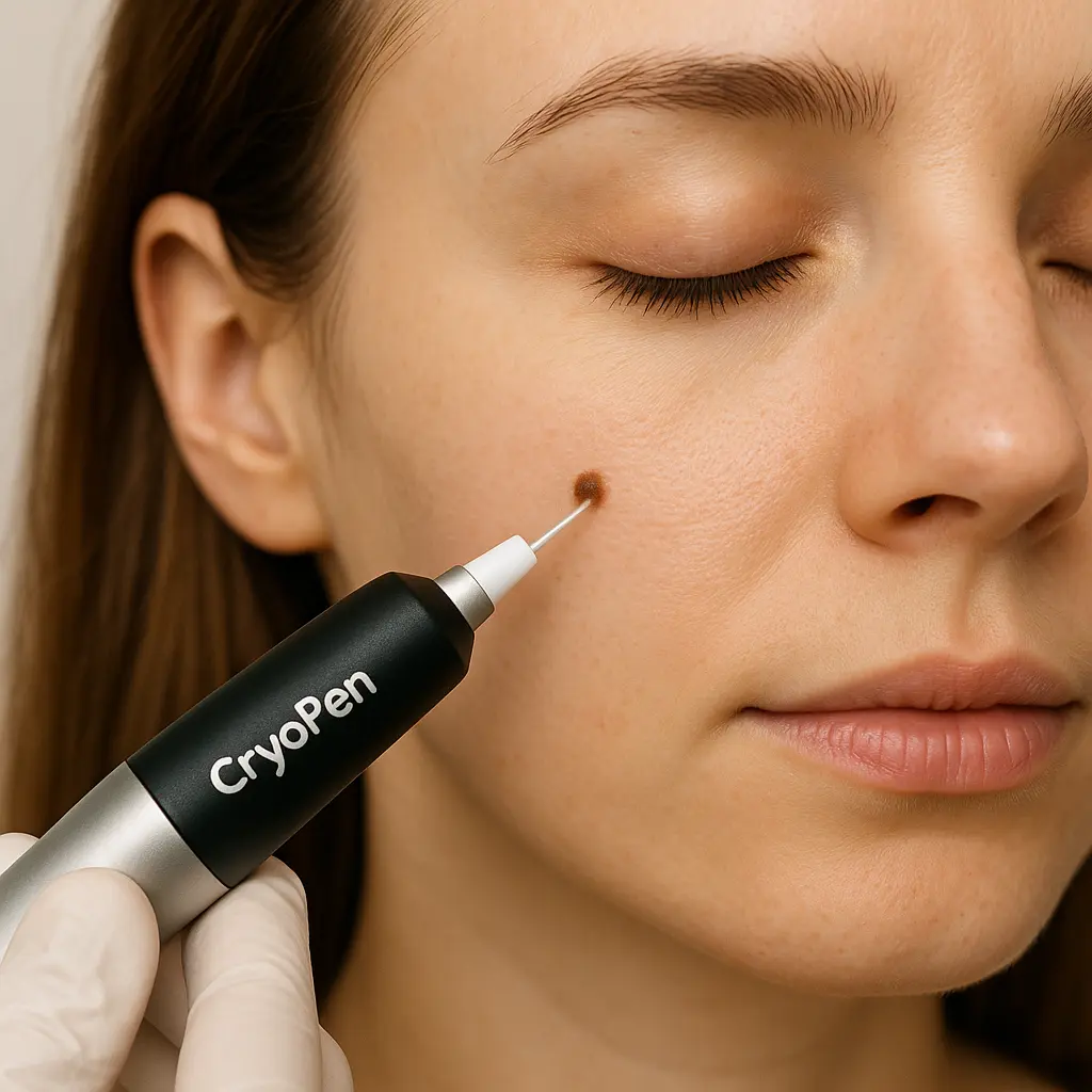 woman receiving facial mole removal Runcorn using cryopen 